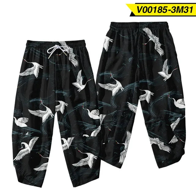 Men Yukata Style Harajuku Cardigan Traditional Japanese Great Wave of Kanagawa Crane Printed Trousers Asian Costume Kimono Pants