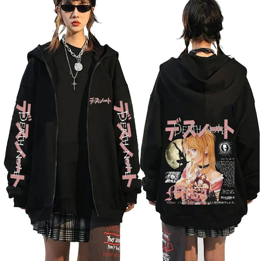 Japanese Anime Death Note Misa Zipper Hoodie Men Women Casual Oversized Cotton Zip Up Jacket Unisex Vintage Zip Up Sweatshirt BAZAARHUBO