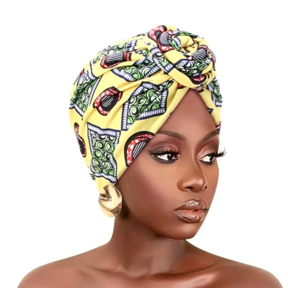 Fashion African Print Hijab Caps Pleated Wrap Twist Knot Turban Hat Elastic Knotted Style Floral Head Wrap All Match Decor