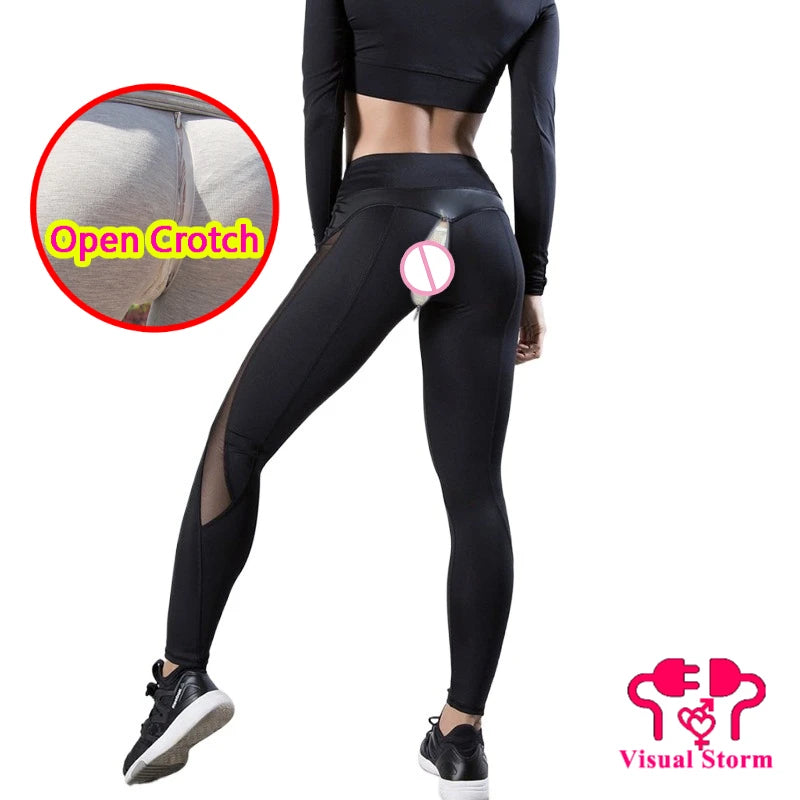 Women Open Crotch Leggings Sexy Summer Push Up Fitness Patchwork Breathable Gym Pants Leather Crotchless Panties Clubwear