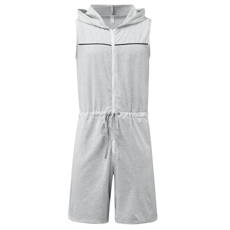 Men Short Jumpsuit Tight Sleeveless Bodysuit Zipper Hooded Rompers Short Pants Casual Home Wear Tracksuit Pajamas