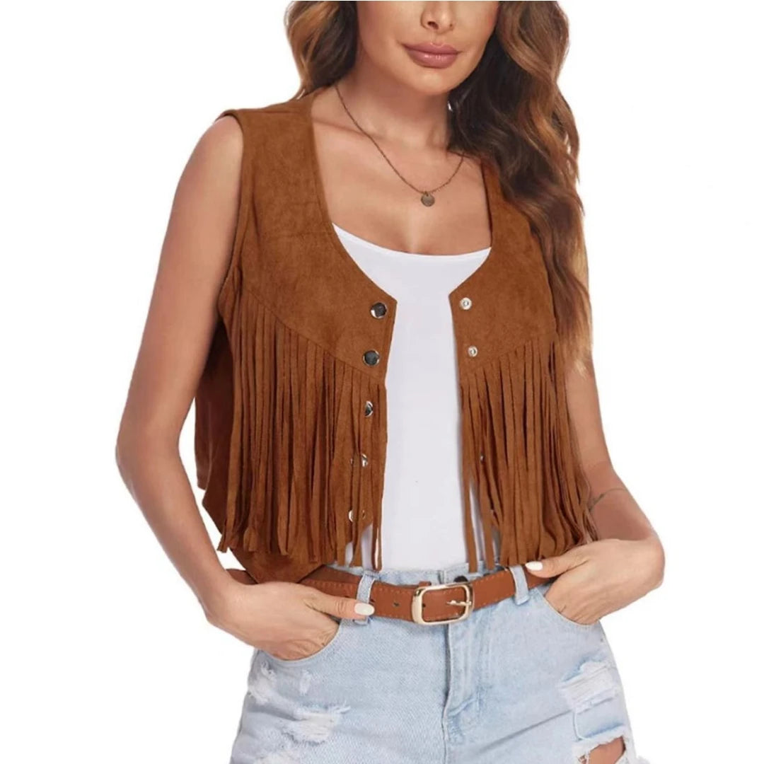 Women Faux Suede Ethnic Sleeveless For Jacket Rivet Fringe Tassels Hippie Open Front Cardigan Vintage Cowgirl Waistcoat Vest