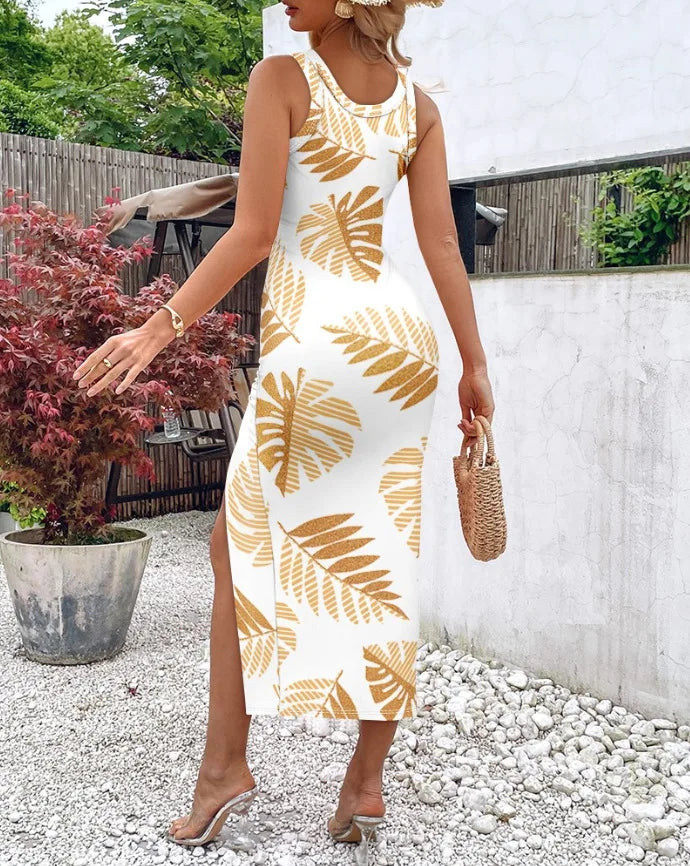 Women's Sexy Hot Girl Style Drawstring Split Slim Vest Dress Summer Fashion Mid-waist Sleeveless Suspender U-neck Dresses