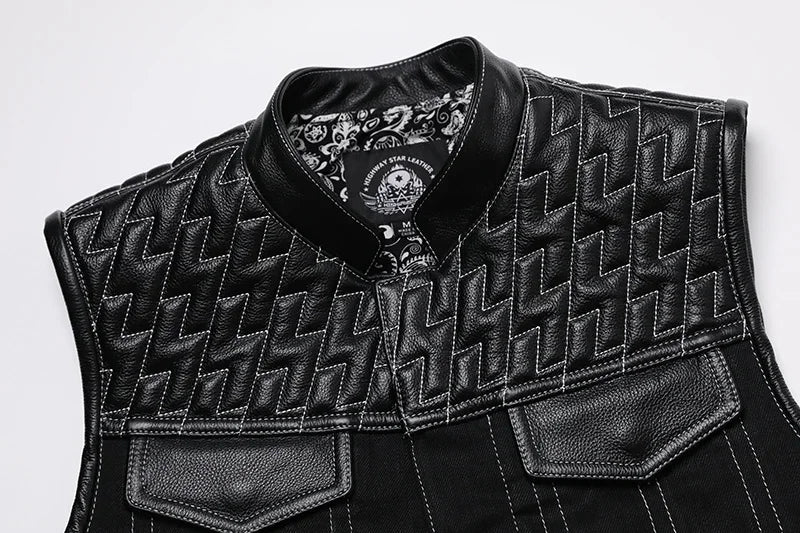SOA Club Style Motorcycle Leather Vest Men Cowhide Denim Patchwork Waistcoat Sons of Anarchy Biker Vests Man Sleeveless Jacket