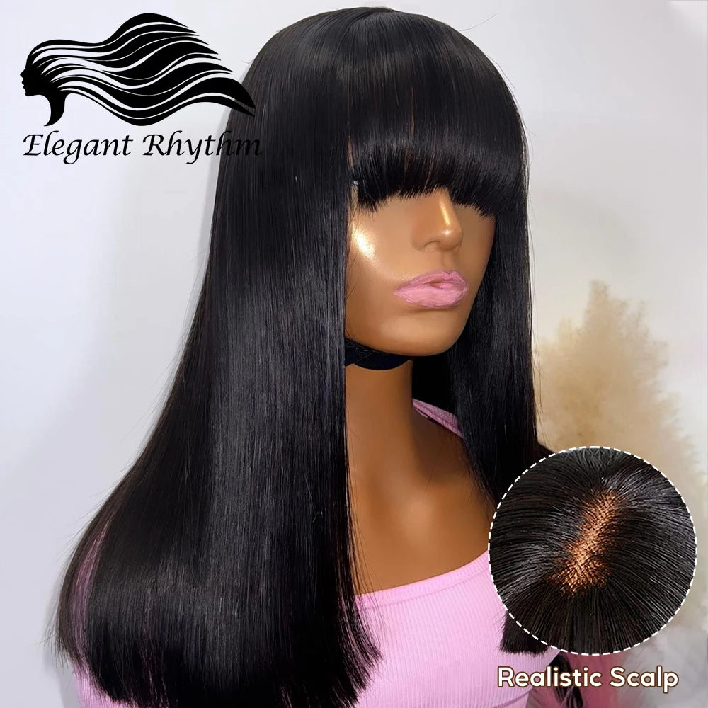 Fake Scalp Curly Wig With Bangs 180% Density Glueless Kinky Curly Brazilian Virgin Human Hair Lace Wigs with Bangs Natural Black