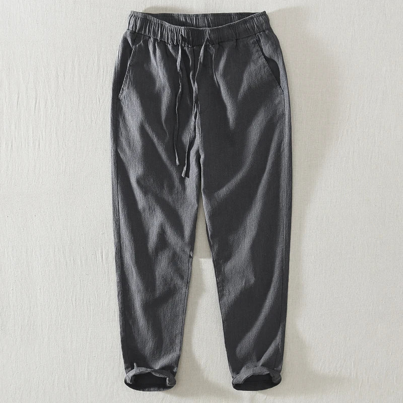 Summer Thin Cotton Linen Straight Leg Casual Pants Men's Loose Fit Drawstring Elastic Waist Nine Point Pants Breathable Youth...