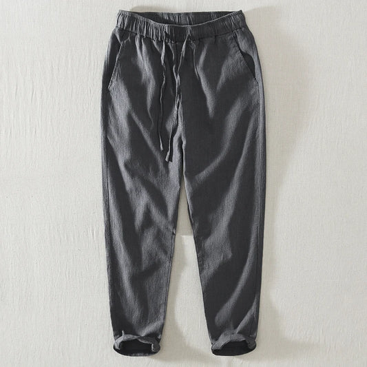 Summer Thin Cotton Linen Straight Leg Casual Pants Men's Loose Fit Drawstring Elastic Waist Nine Point Pants Breathable Youth...