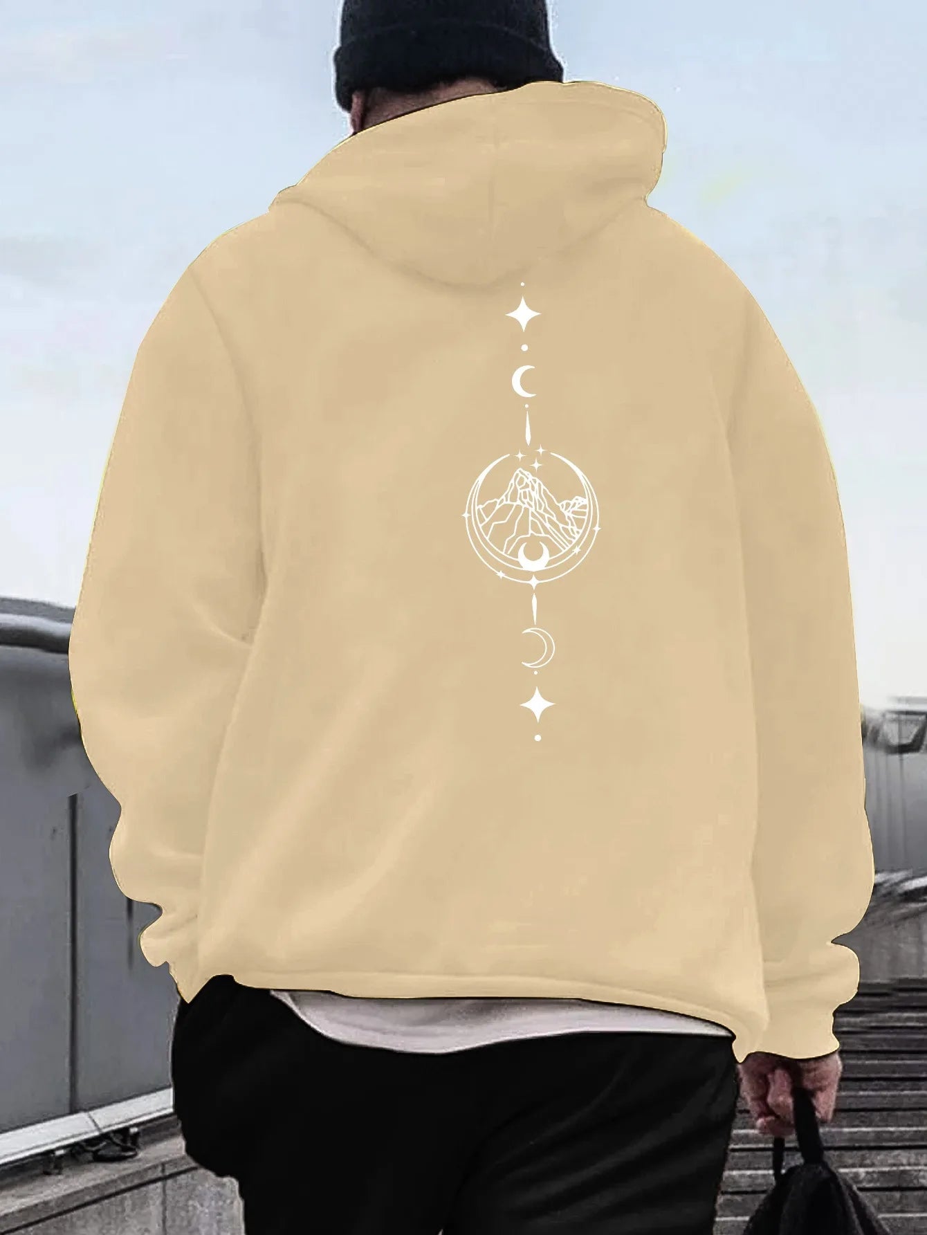 Men's autumn and winter casual fashion loose geometric print long sleeved hooded sweatshirt warm pullover BAZAARHUBO