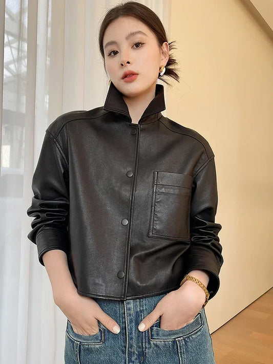 Casual Black Natural Sheepskin Coats for Women Spring Autumn 2026 New Trend High-end Simple Soft Short Genuine Leather Jacket