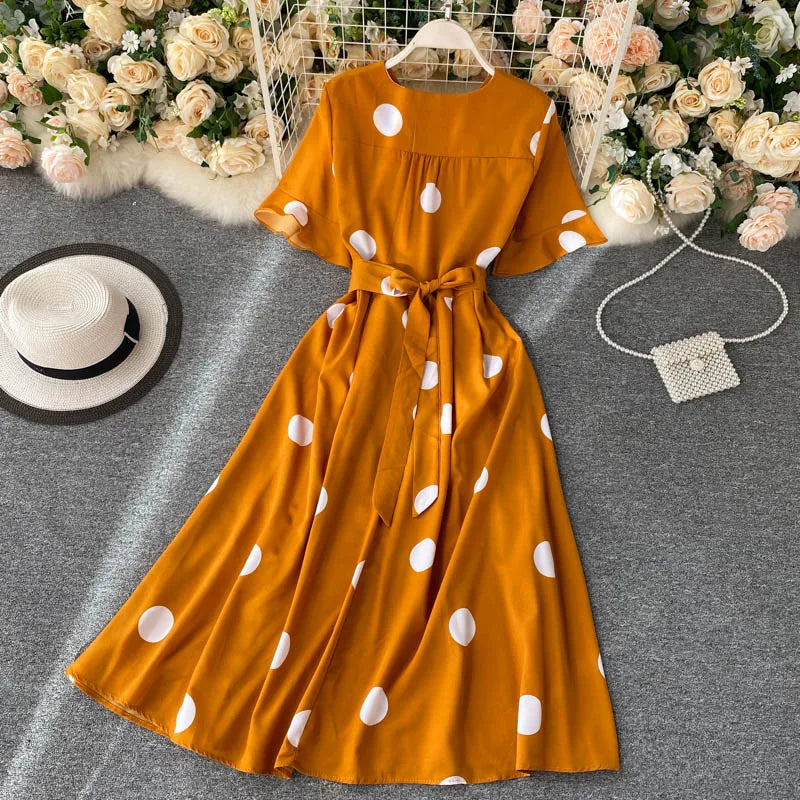 YuooMuoo Chic Polka Dot Print Women Dress Summer Vintage Swing Midi Party Dress
