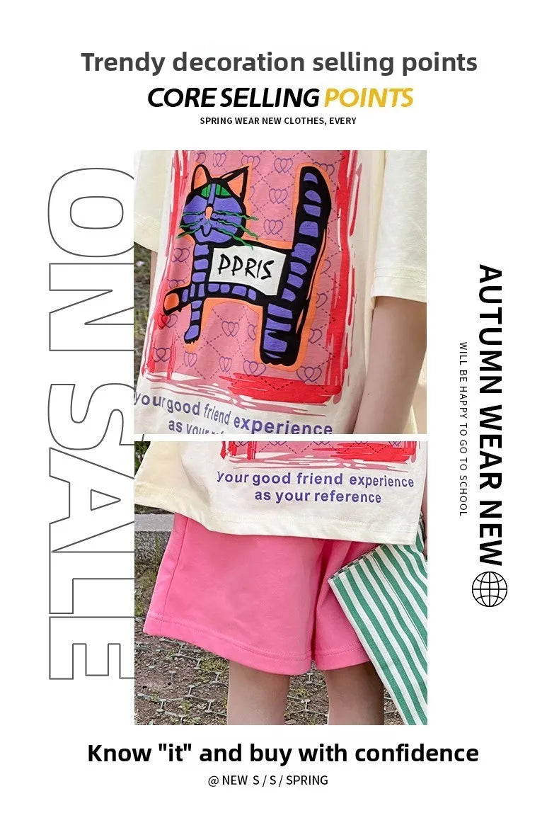 2026 New Children's casual Set Summer fashion girls' internet-famous sporty short-sleeved pants summer wear 4-14Years old girls