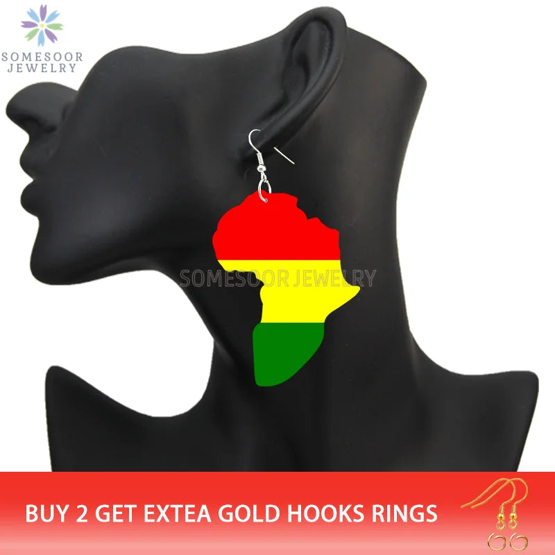 SOMESOOR Afro Countries National Flags Print Africa Map Wooden Drop Earrings Pendant For Women African Mainland Dangle Jewelry