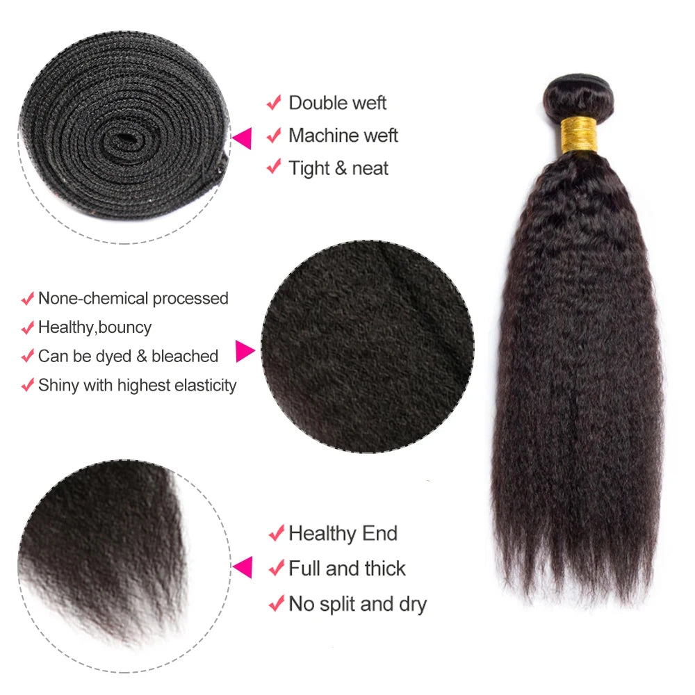 HairUGo Brazilian Kinky Straight 1/3 Bundles Remy Yaki Straight Bundles Human Hair Extensions Natural Color Human Hair Weave