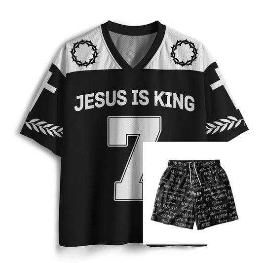Jesus Is King Christian Streetwear Classic American Football Style Jersey & Athletic Shorts Set Summer Men's Casual T-Shirt Set