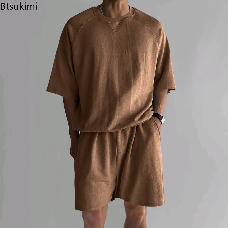 New 2026 Summer Men's Two Piece Sets Casual Loose Short Sleeve O Neck Tees and Shorts Tracksuits Men Stylish Solid Color Suits