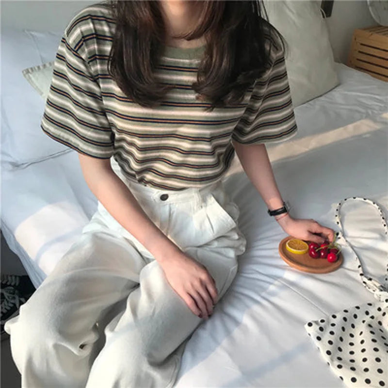 MRMT 2026 Brand New Women's Striped t-Shirts Contrast Color Striped Women t Shirt Loose Woman Bottoming Shirts Tops Tees