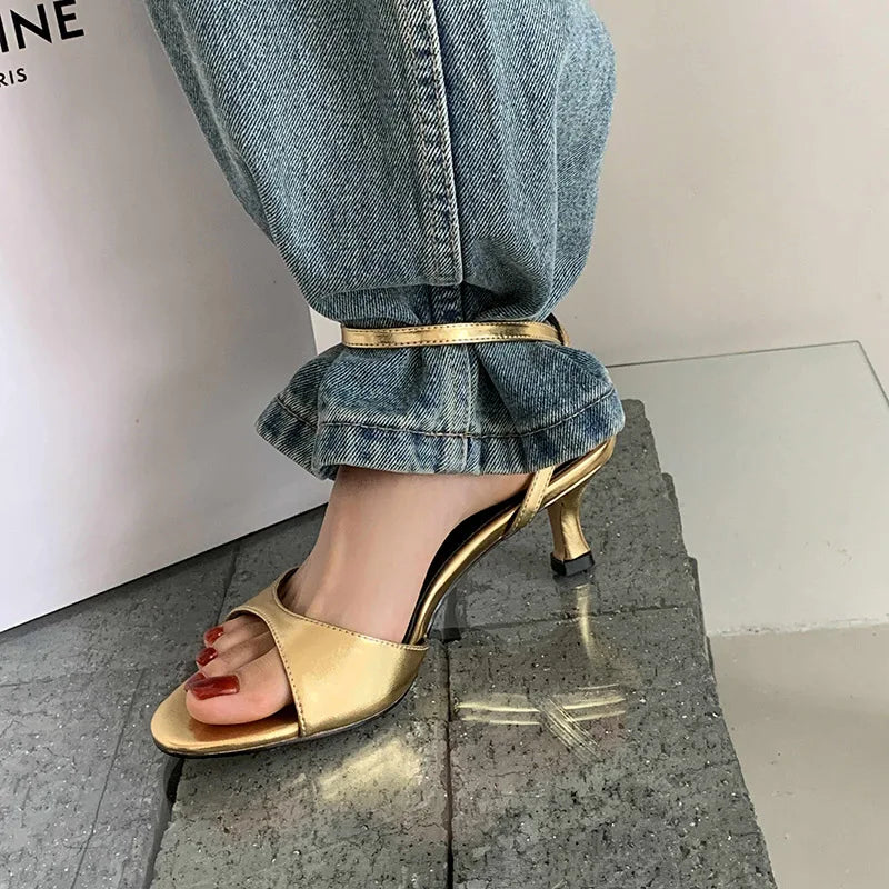 QUTAA 2025 Sexy Women High Heels Sandals Open Toe Pumps Shoes Slingbacks Party Genuine Leather Ankle Strap Shoes Office 34-40