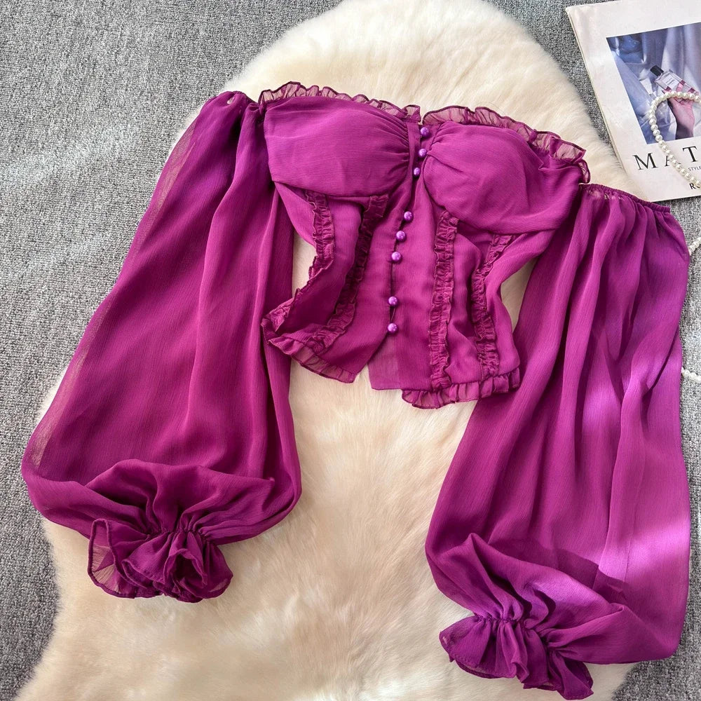 Chiffon Blouse for Women Slash Neck Off Shoulder Solid Color Camisas Ruffles Folds Backless Summer Blusas De Mujer Chic Dropship