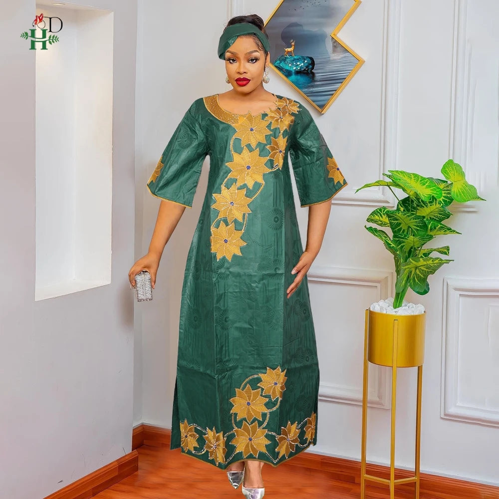 H&D New Style African Clothes For Women Traditional Embroidery Dresses Blue Bazin Women High Quality Party Wedding Occasion