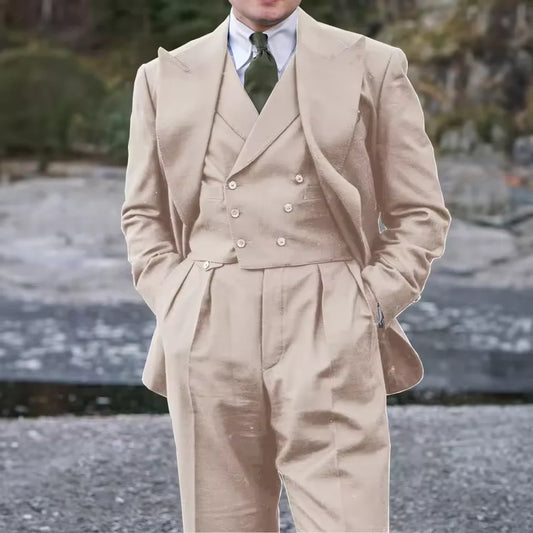 Men's 3-Piece Linen Suit Vintage Classic Fit Blazer Double Breasted Vest & Pleated Trousers Formal Set Wedding Business Casual