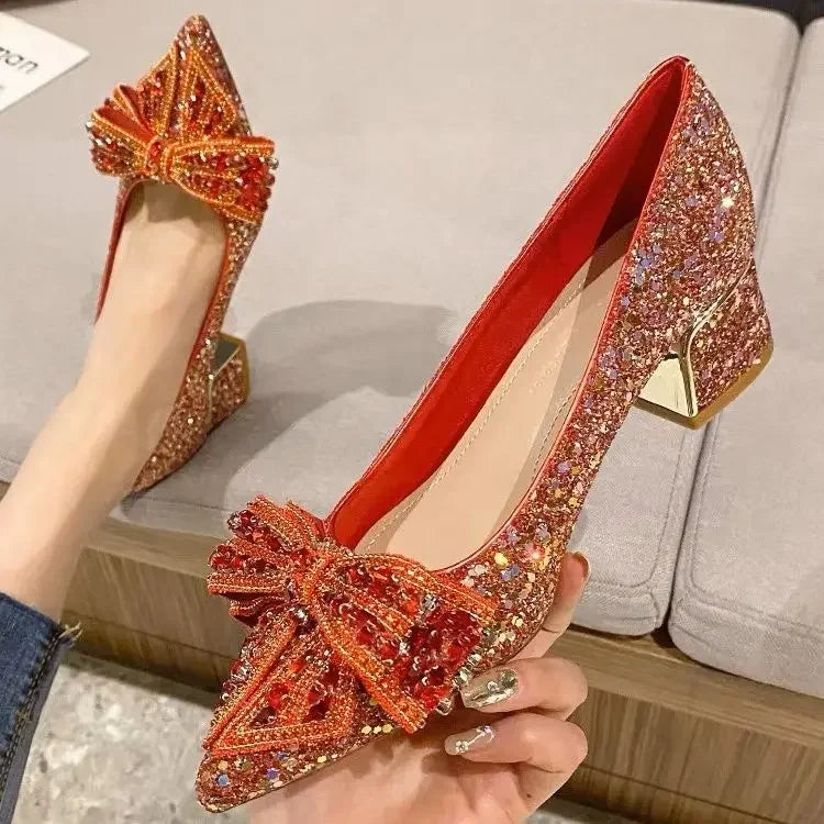 Women's Summer Footwear Stilito Rhinestone Shoes for Woman 2025 with Wedding Bride Genuine Mark Chic and Elegant A Comfortable E