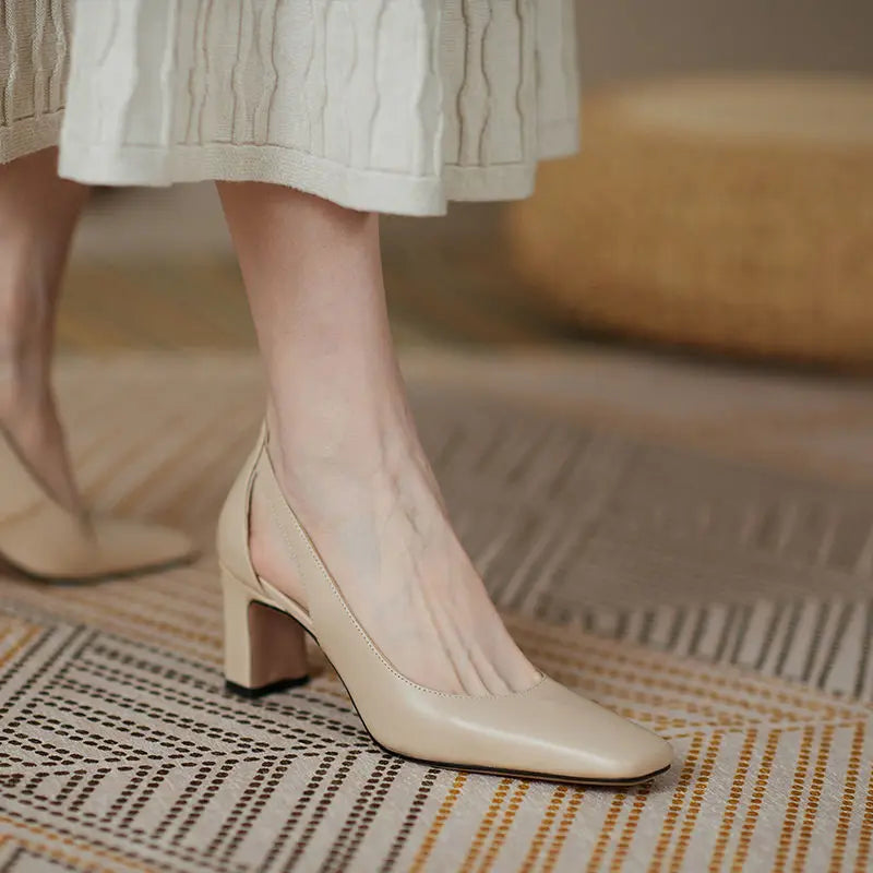 Office Ladies Summer Footwear High Heels Pumps On Heeled Square Toe Shoes For Women 2025 Fashion Leather Casual Slip A Vacation