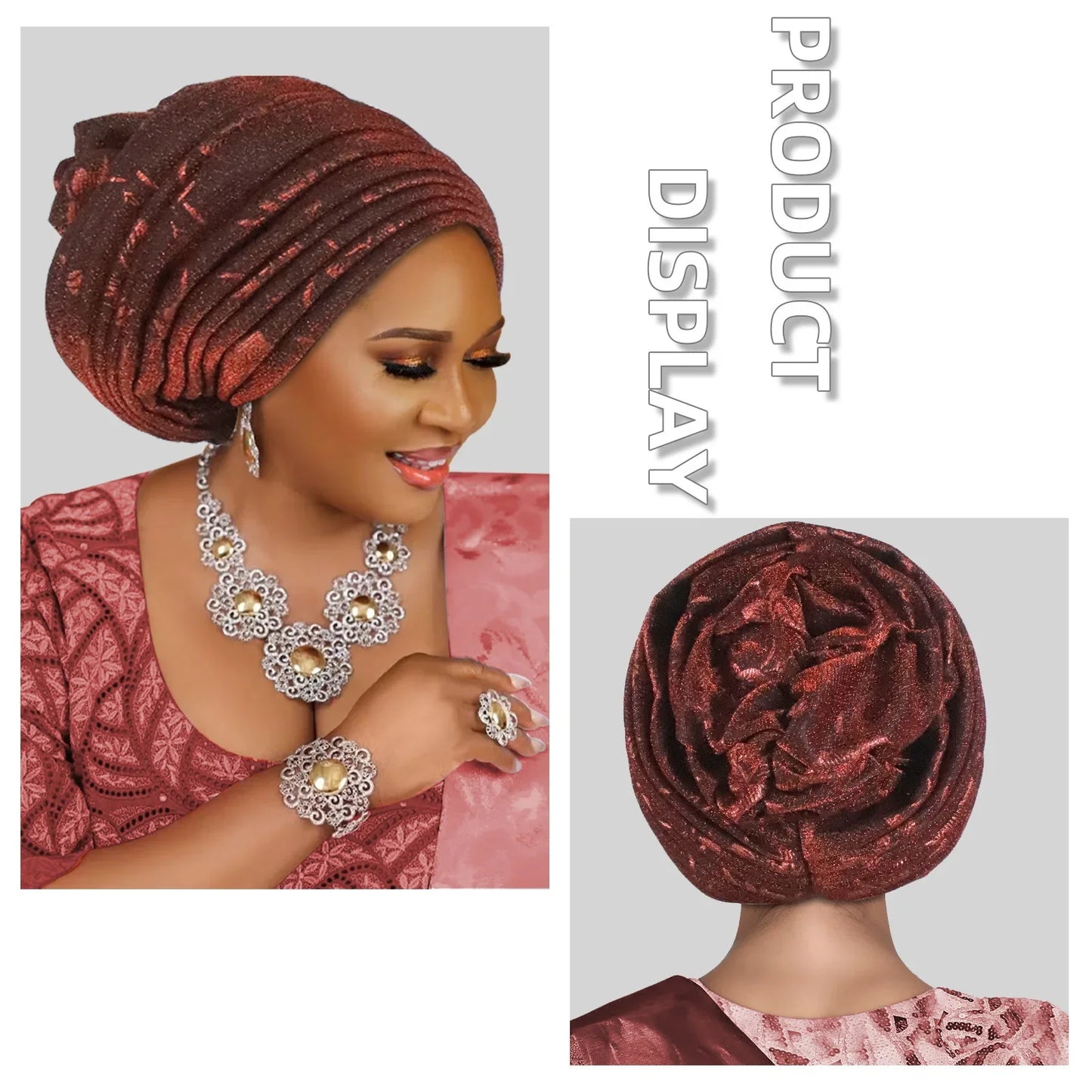 African Lady Headpiece Muslim Headscarf Hat Glitter Fabric Turban Cap for Women Pleated Head Wraps Bonnet