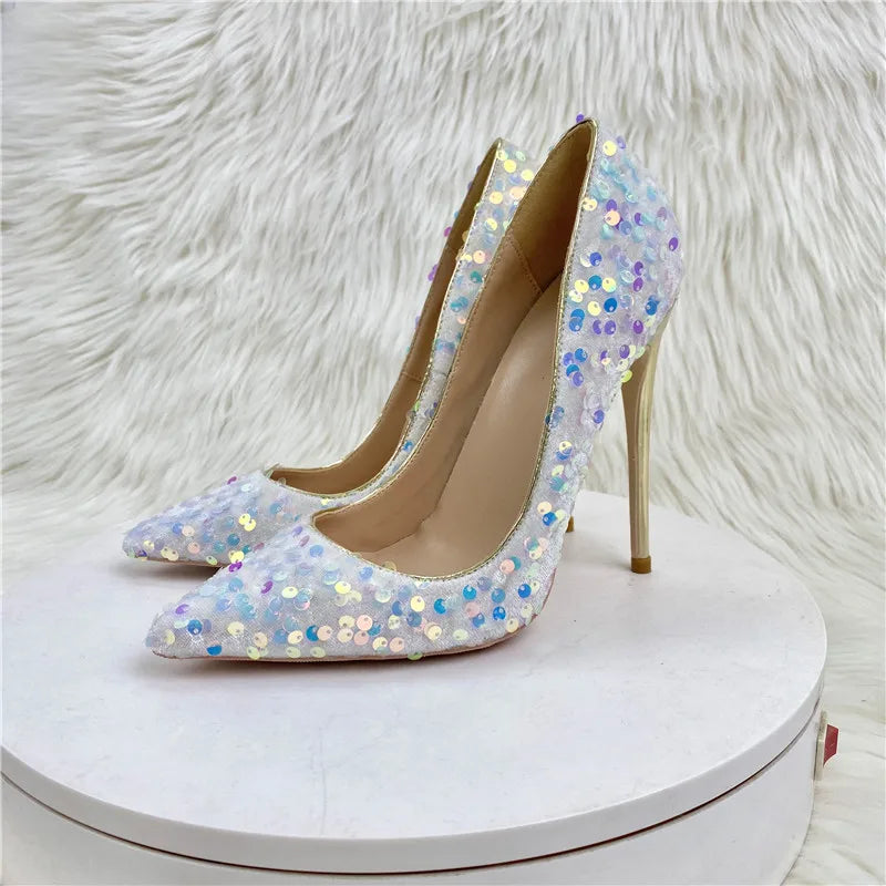 Women Wedding High Heels Fashion Pointed Toe 8CM 10CM 12CM Blingbling Party Dress Shoes Plus Size 45 Glitter Sequis Woman Pumps