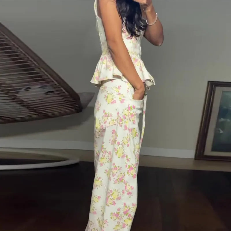 Floral Printed Women Long Pants Set Elegant Sleeveless Backless Vest Wide Leg Trousers Chic Holiday Vacation Lady Summer Outfits
