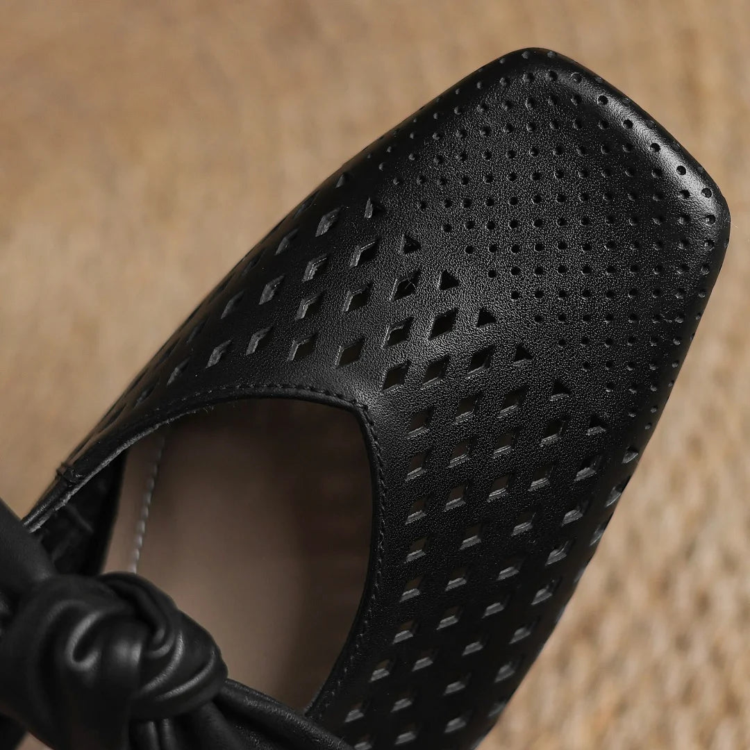 2025 Summer new plus size 34-41 women's hollow-out cow leather slip-on flats summer slides sandals sweet bowtie elegant mules