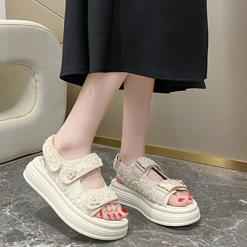 Women's Platform Sandals Handmade Leather Rubber Bottom Flat Sandals Metal Decorative Element Summer Casual Ladies Outdoor Shoes