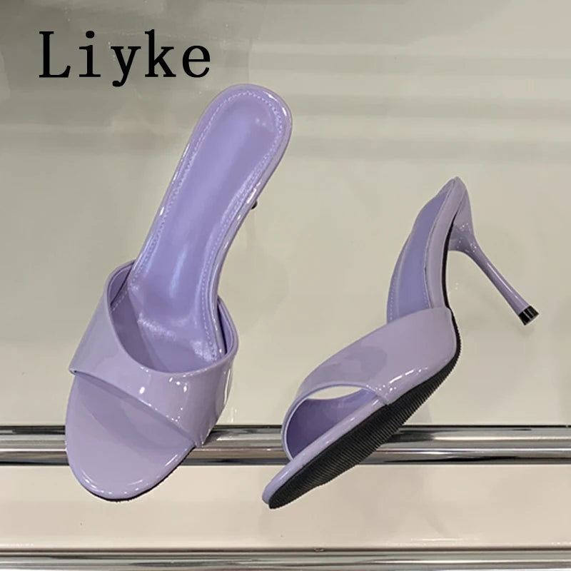 Liyke White Patent Leather Women Slippers Sandals Fashion Round Open Toe Thin High Heels Mules Slides Summer Party Dress Shoes
