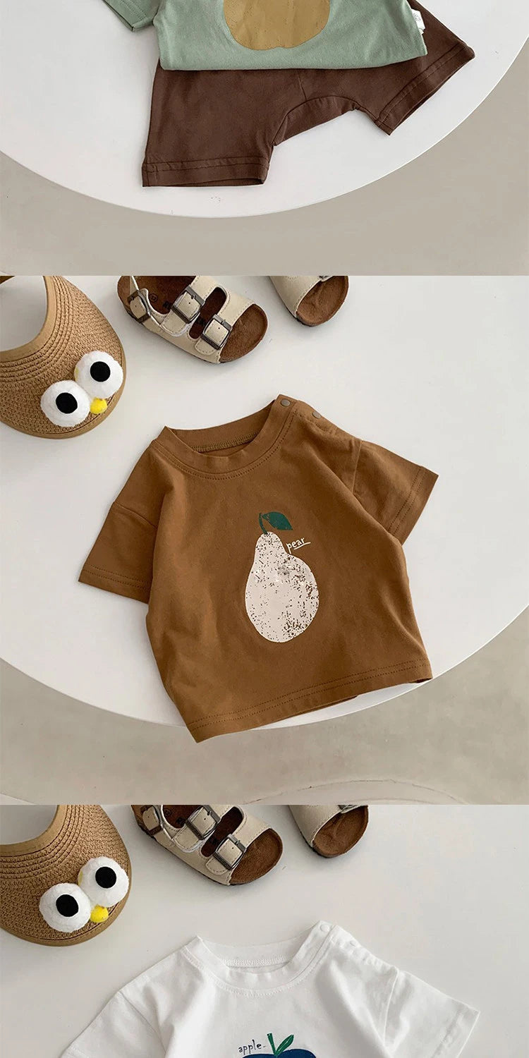 Fashion Baby Fruit Printed Short Sleeve Top Kids Girls Casual Cotton T-shirt Korean Boys' Round Neck Versatile Clothes