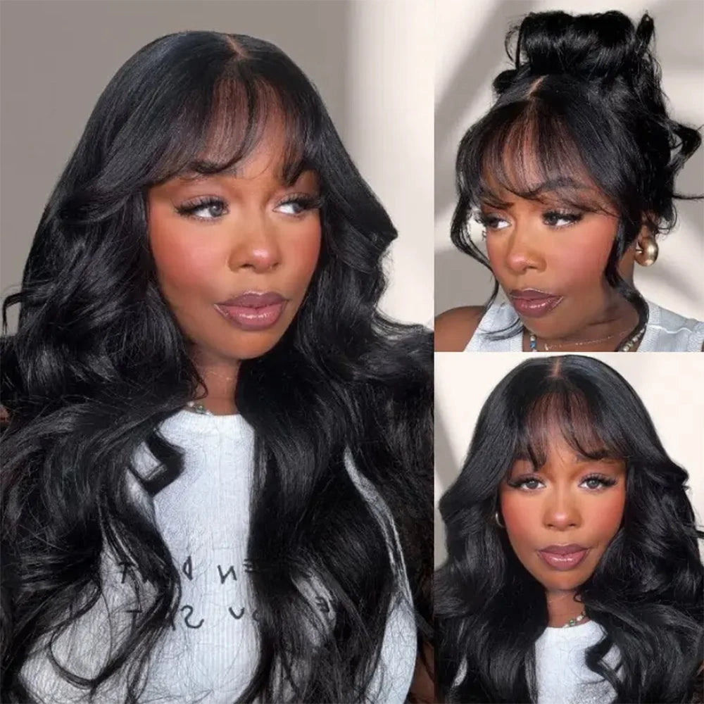 Body Wave Human Hair Wigs With Bangs Peruvian Cheap Glueless Wigs On Sale Clearance Full Machine Made Wig With Bangs For Woman
