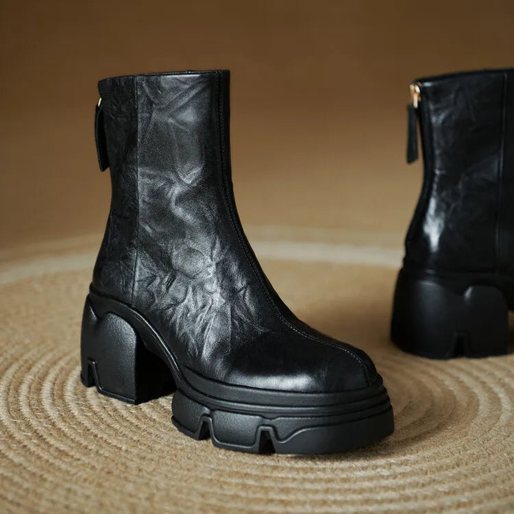 NEW Autumn Women Boots Genuine Leather Shoes for Women Round Toe Chunky Heel Shoes Concise Zip Platform Boots Soft Daily Shoes