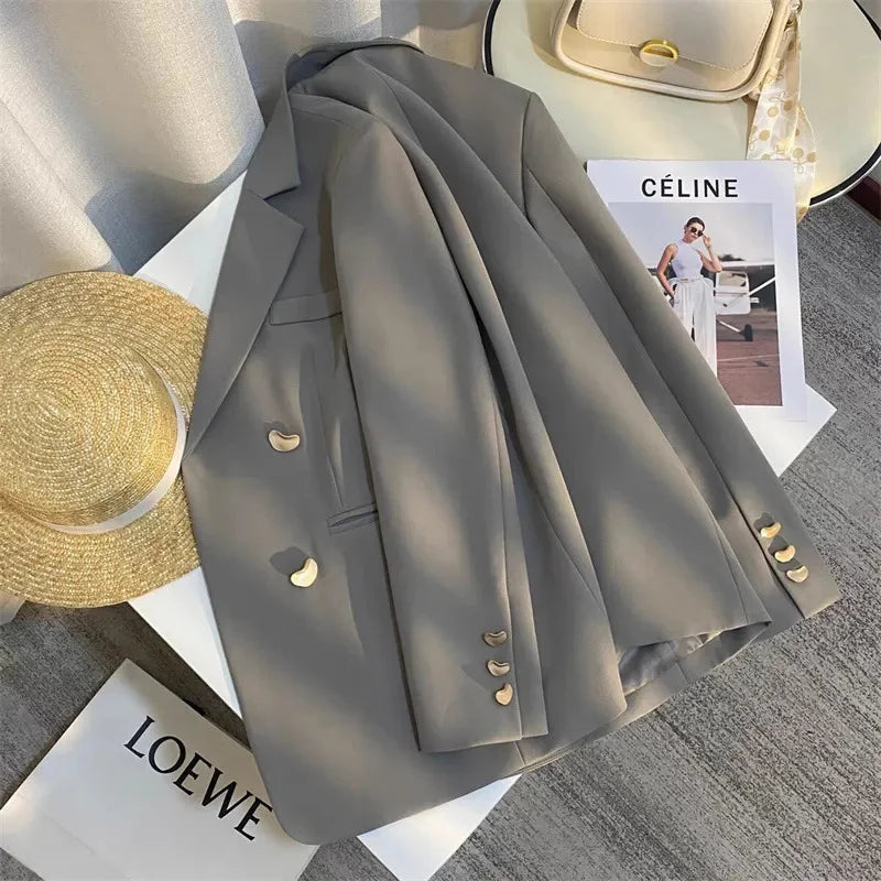 Vintage Double-breasted Blazers Jacket Women Elegant Temperament Metal Buttons Blazer Coat Ladies Long Sleeve Black Outerwear