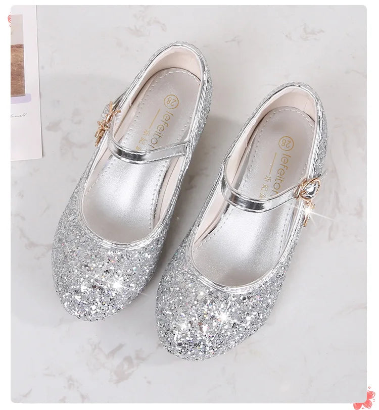 Classic Children High Heels Leather Shoes Fashion Sequins Elegant Kids Girls Wedding Shoes Princess Party Dress Single Shoes