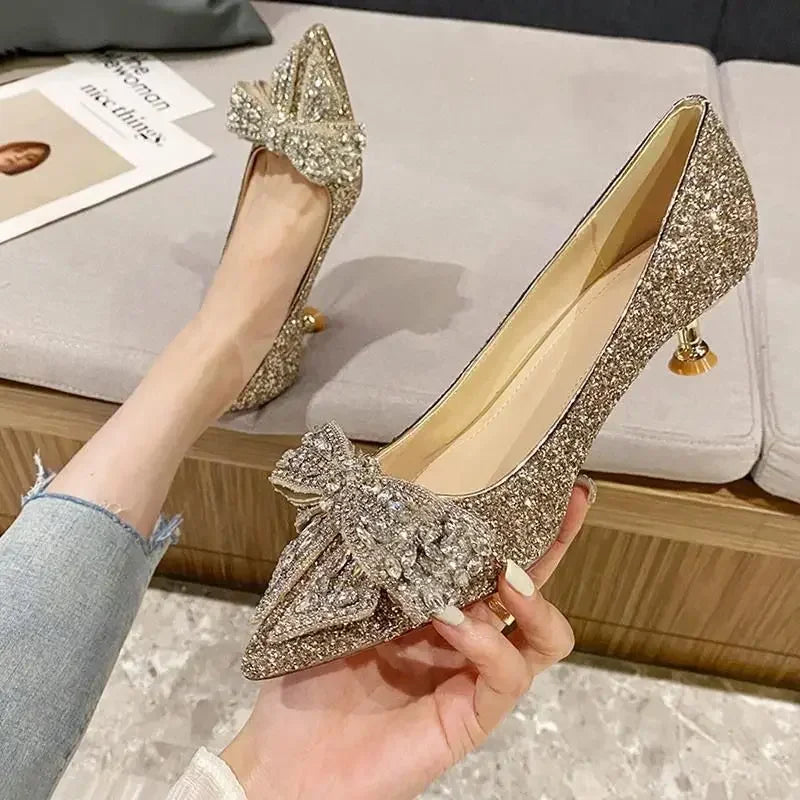 Women's Summer Footwear Stilito Rhinestone Shoes for Woman 2025 with Wedding Bride Genuine Mark Chic and Elegant A Comfortable E