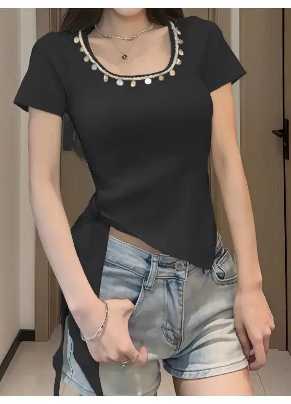 Short-sleeved Women's Top Bestseller 2025 New French Stylish Design Slimming and Flattering, Popular Online Clothing