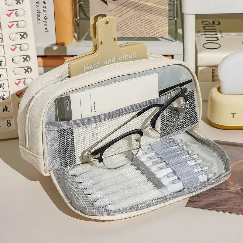Cute And Convenient Canvas Pencil Case Large Opening Capacity for Student Supplies Cosmetics Travel Handbag 1pc