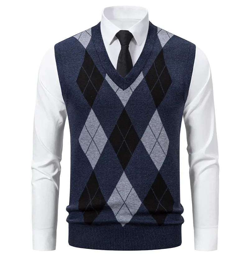 Mens Business Casual Knit Vest Classic Argyle Light Weight Knitwear Suit Vest Versatile Sleeveless Pullover Vests