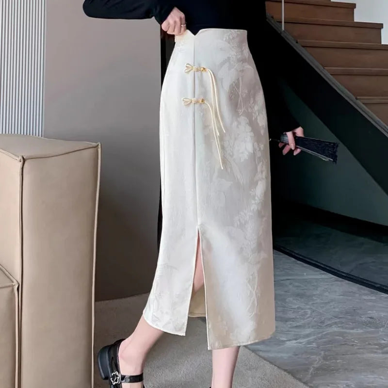 Chinese Style Skirts for Women Printed Casual Streetwear Elegant Female Spring Summer Chic Solid High Waist Simple New Trendy
