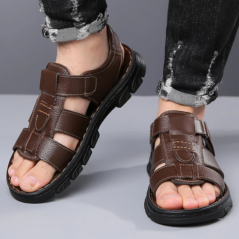 Men's Sandals Adjustable Solid Color Shoes Summer Casual Comfort with Durable Rubber Sole, Breathable PU for Outdoor Walking