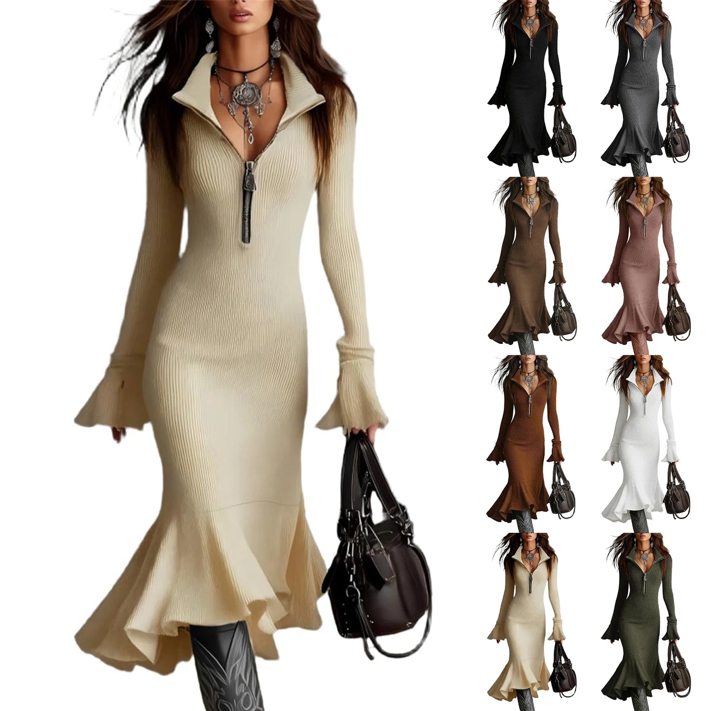 Fall Winter Sweater Dress Quarter Zip Bell Sleeve Mermaid Knit Bodycon Long Dress Trendy Chic Slim Fit Flared Hem Party Dress