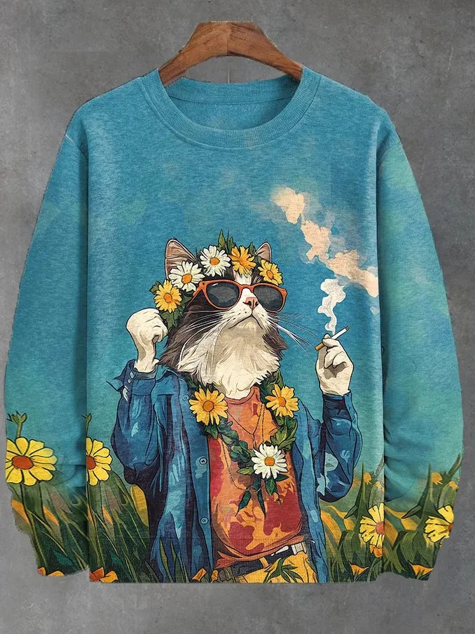 Japanese Fashion Men's Sweatshirt Funny Animal Graphic Ukiyo-e O-Neck Pullover Casual Pullover Tops Regular Fit Polyester Shirt