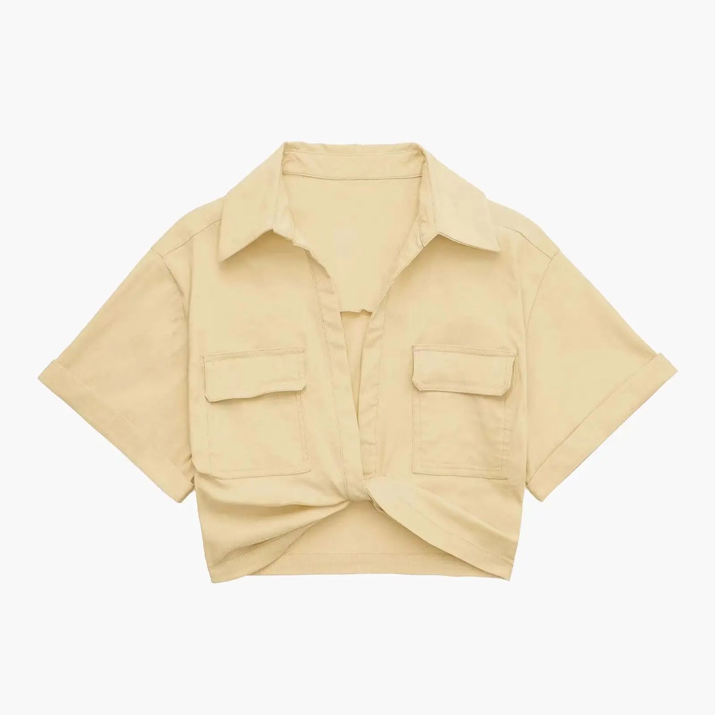 Women Fashion Front Knot Elastic Linen Cropped Shirts Vintage Short Sleeve Patch Pockets Female Blouses Blusa Chic Tops