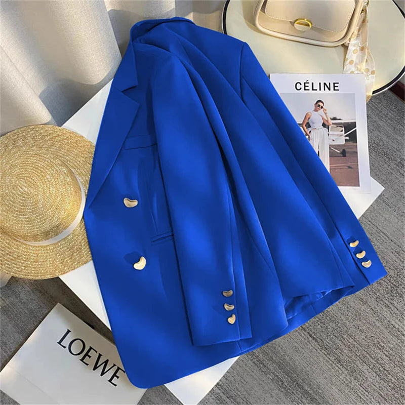 Vintage Double-breasted Blazers Jacket Women Elegant Temperament Metal Buttons Blazer Coat Ladies Long Sleeve Black Outerwear
