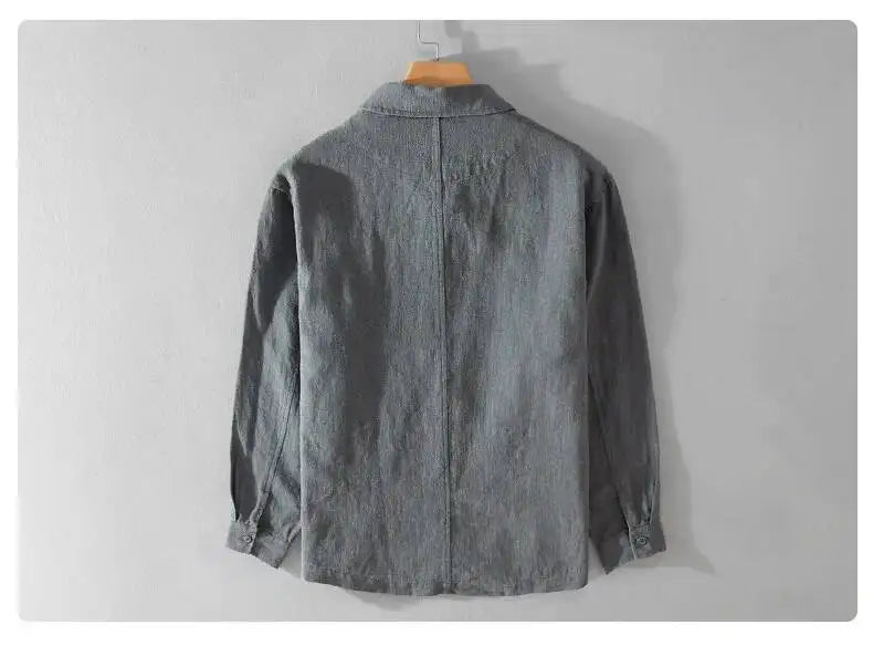 Autumn Retro Tooling Linen Jacket For Men Japanese Styles Sold Color Simple Versatile Multi-pocket Male Thin Jackets and Coats