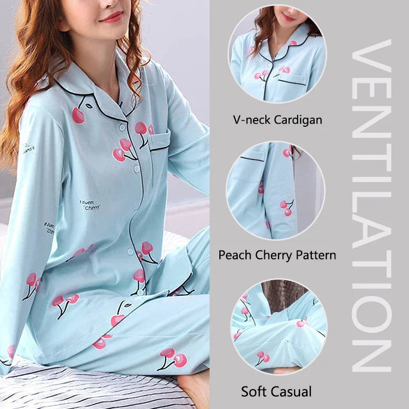 Four Seasons Women Pajamas Set with Lapel Top and Long Pants Checkered Striped Printed 2 Piece Set Ladies Nightwear Homewear