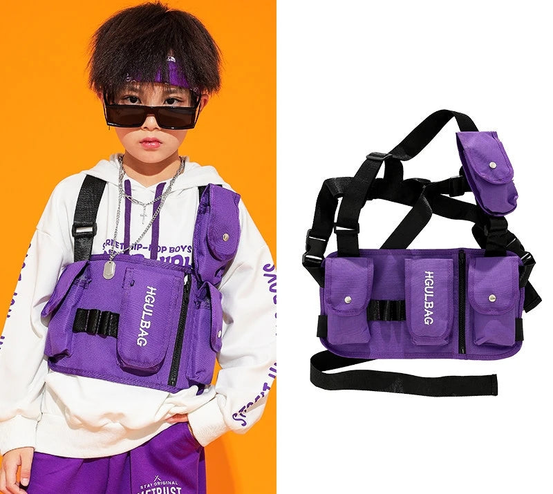 Boys Hip Hop Cool Vest Girls Cargo Pant Outfit Child Sweatshirt Chest Bag Joggers Street Dance Kids Streetwear Costume Sportwear